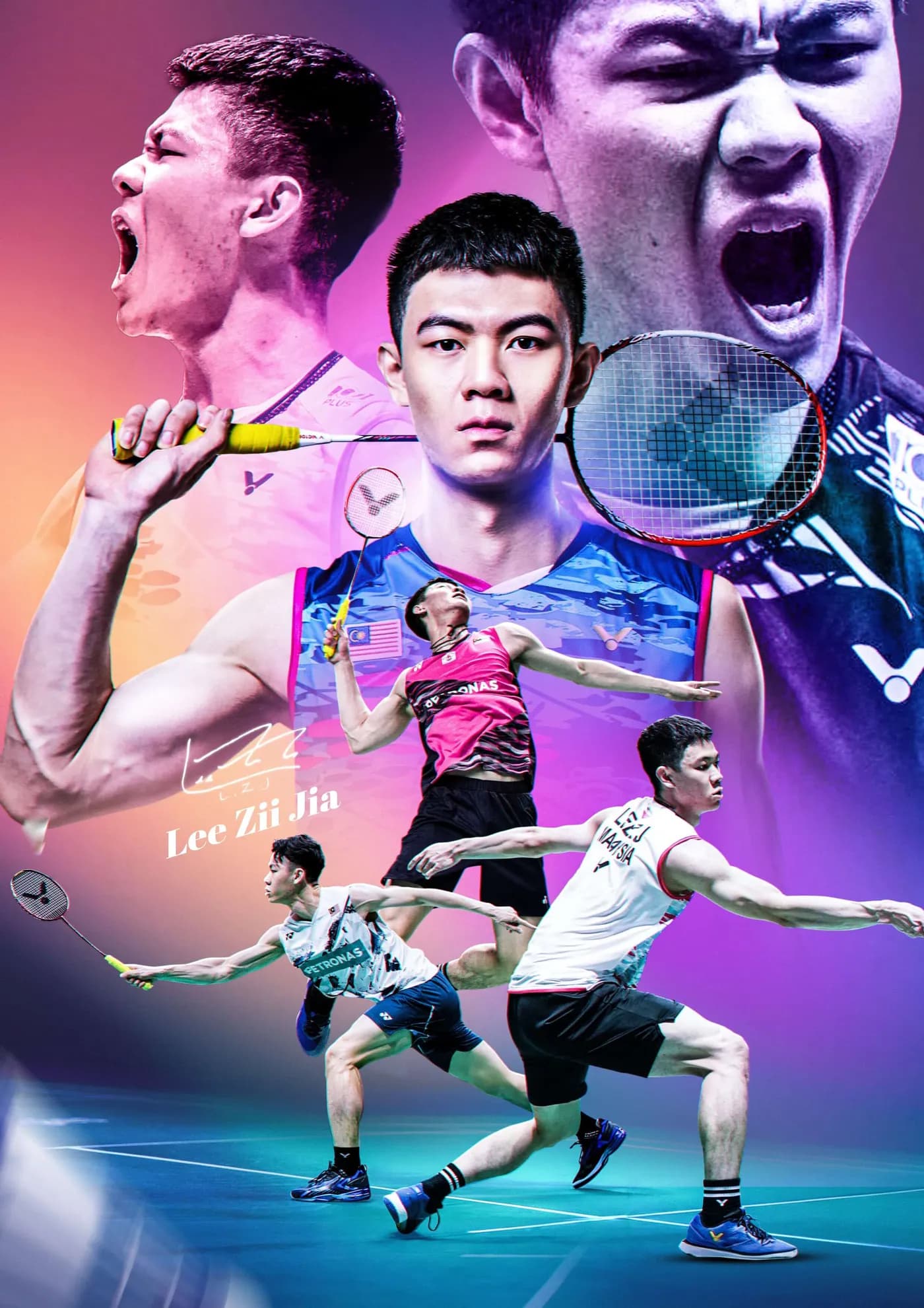 Poster thể thao với các vận động viên cầu lông trên nền tím hồng