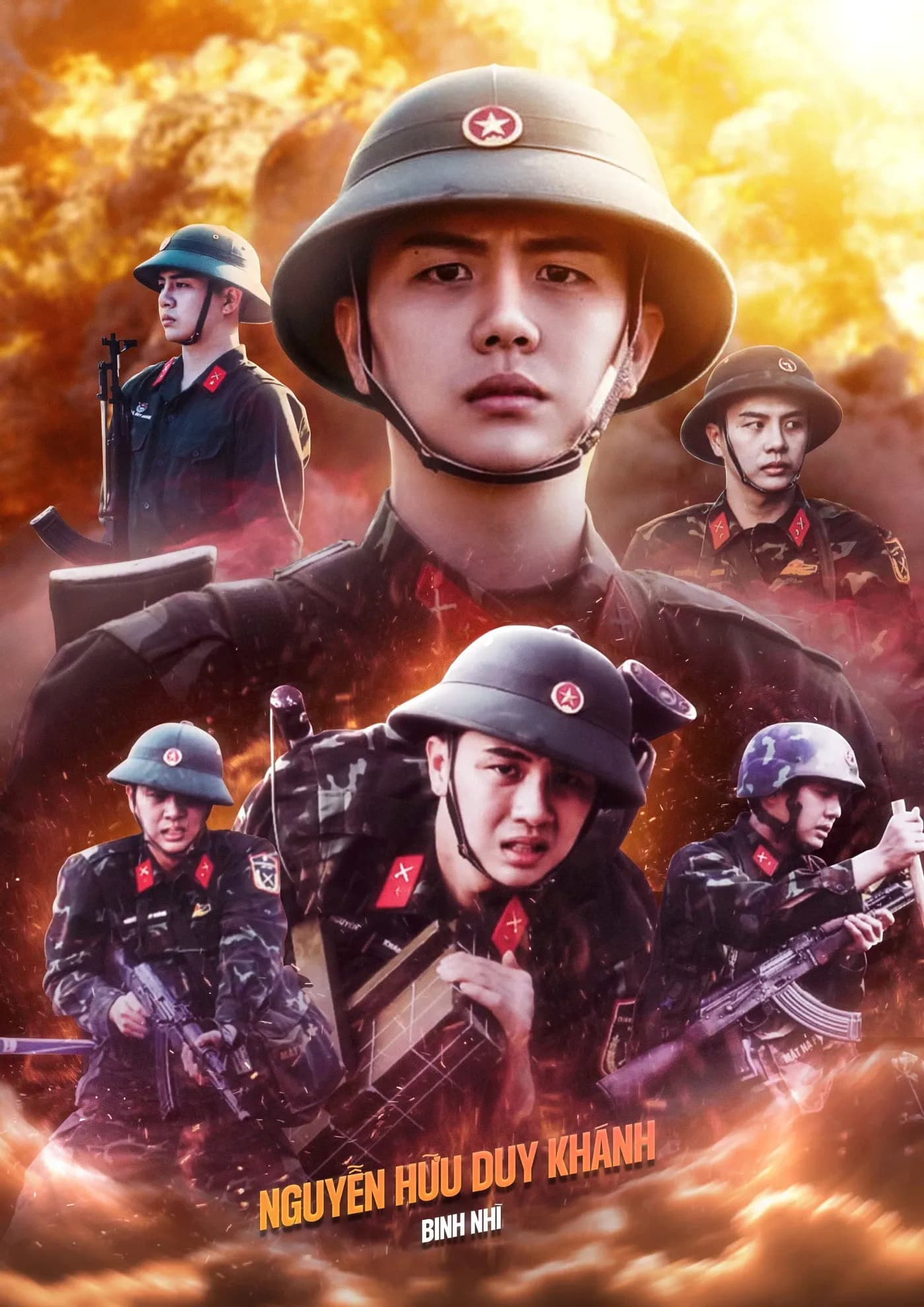 Poster phim về người lính với nhiều chân dung trên nền lửa