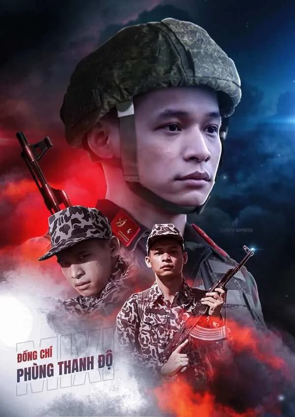 Poster chân dung người lính đội mũ cùng các cảnh chiến đấu trên nền đỏ xanh