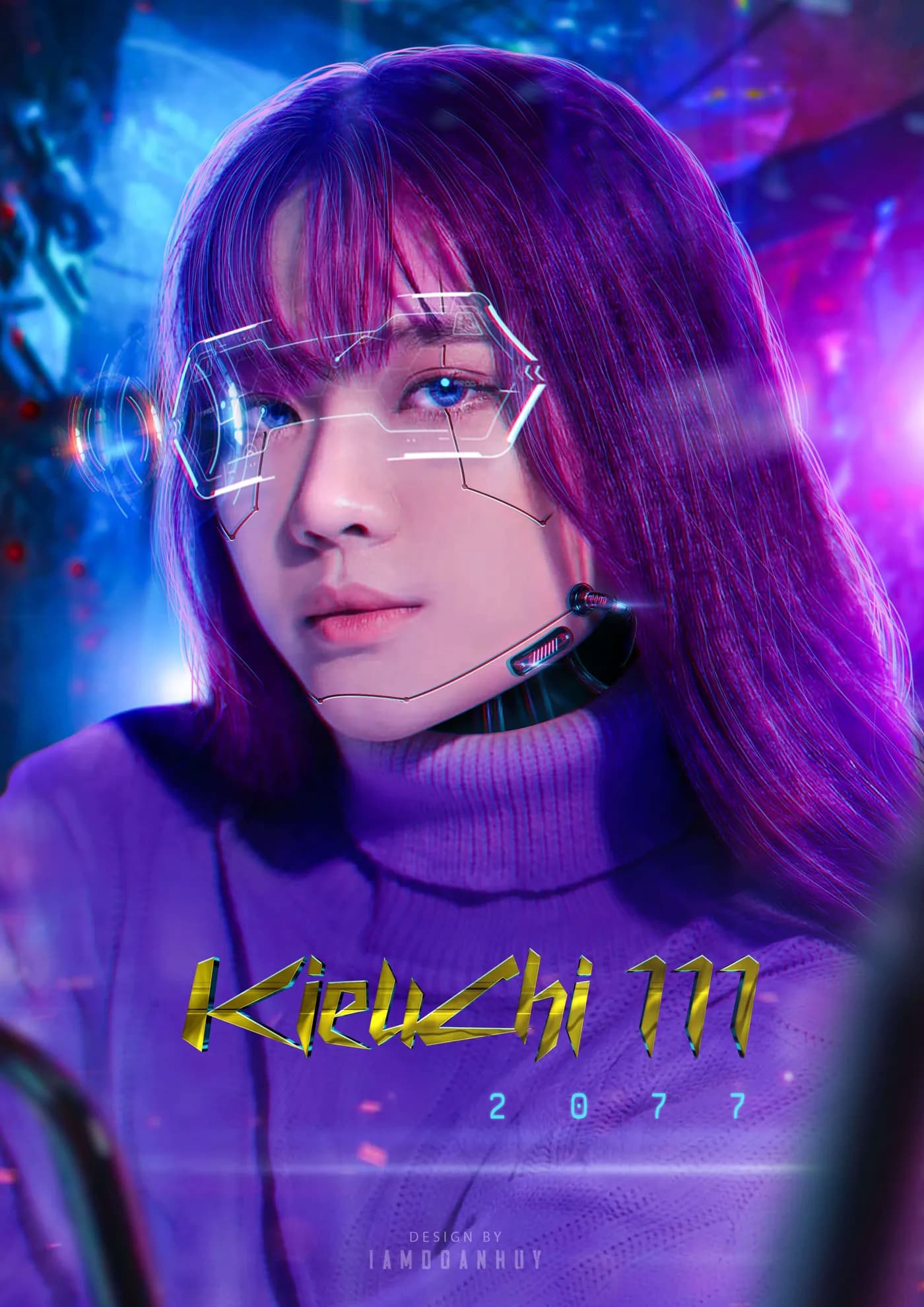 Poster chân dung cô gái với hiệu ứng cyberpunk tím xanh
