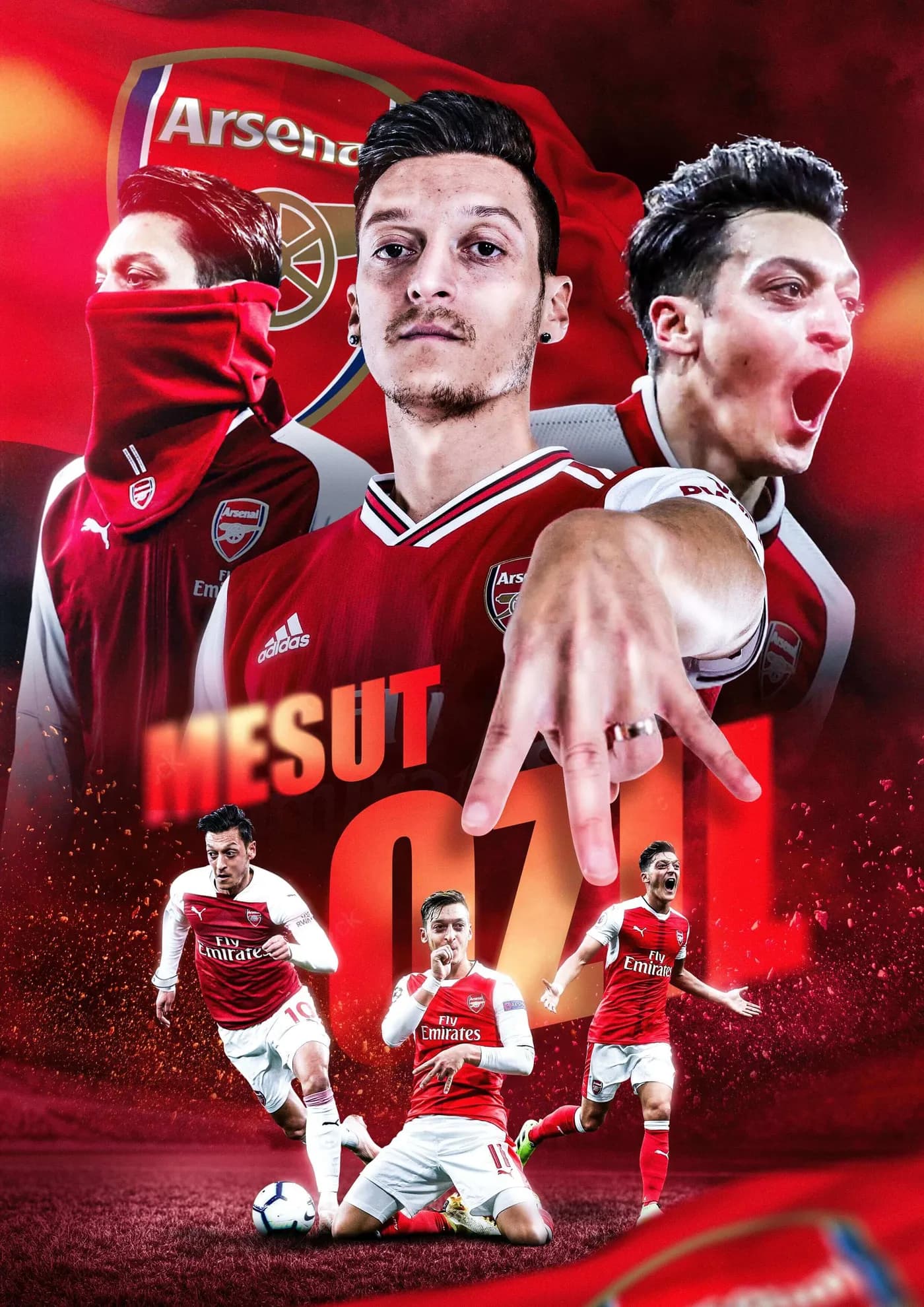 Poster bóng đá Mesut Özil trong áo Arsenal trên nền đỏ