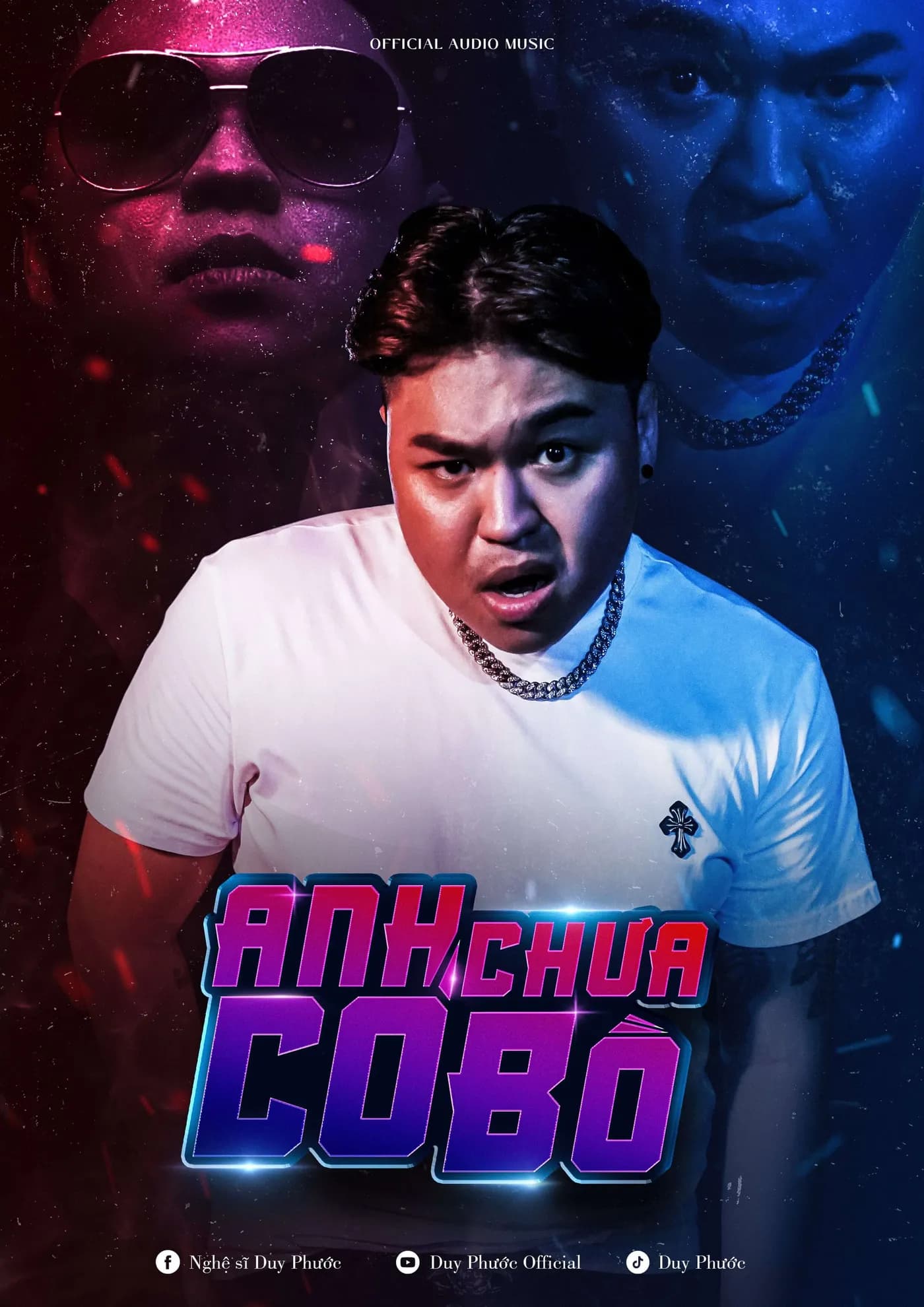 Poster chân dung nhân vật nam với ánh sáng đỏ xanh và dòng chữ Anh chưa có bồ