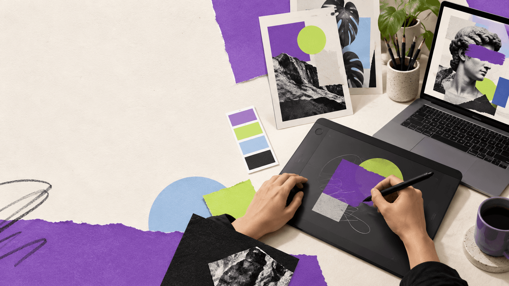 Góc làm việc với bảng vẽ, poster thiết kế và bảng màu tím của HuyPoster Academy