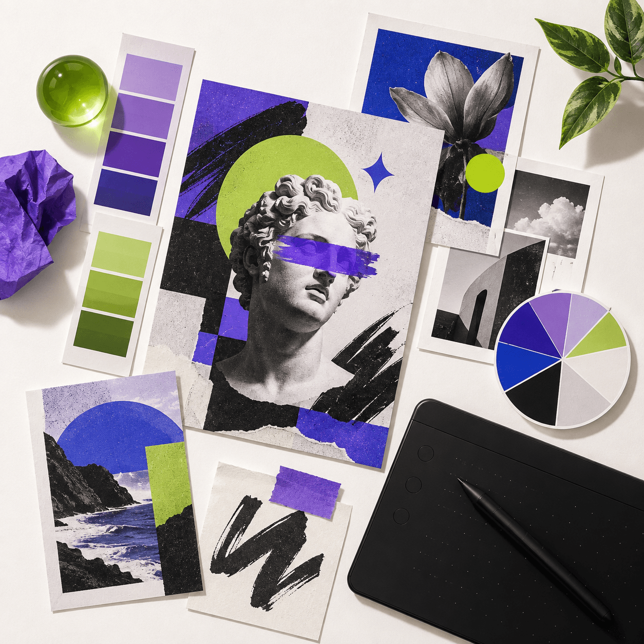 Bảng cảm hứng với poster, bảng màu và bảng vẽ cho bài thực hành Photoshop