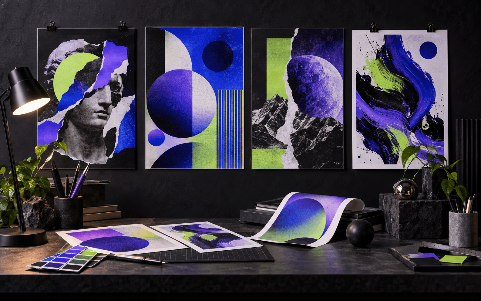 Bộ sưu tập poster thiết kế tím, xanh và lime trên tường studio