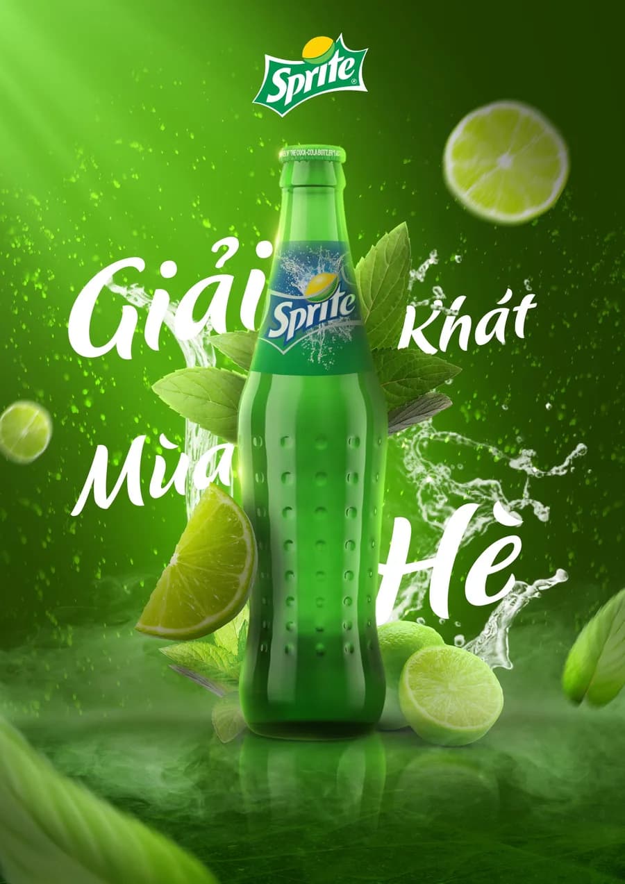Poster quảng cáo Sprite với chanh xanh và chữ Giải khát mùa hè