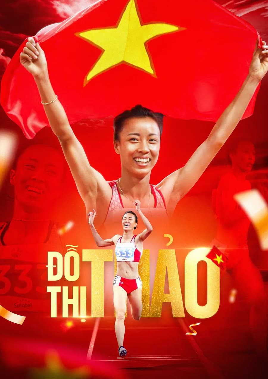 Poster vận động viên điền kinh Đỗ Thị Thảo trên nền đỏ