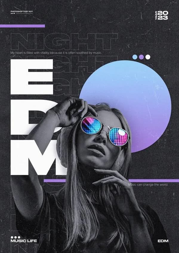 Poster thời trang EDM với người mẫu đeo kính phản quang