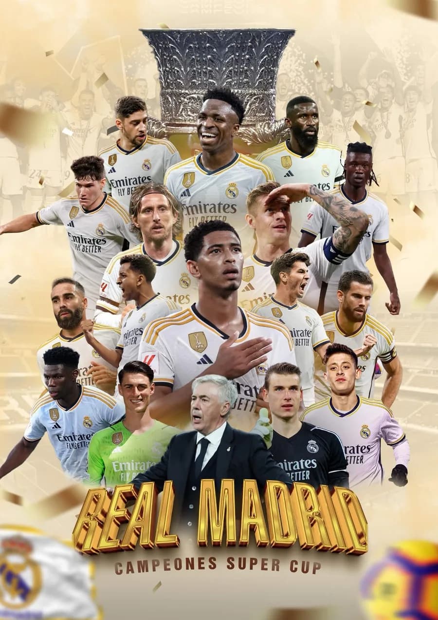 Poster đội bóng Real Madrid cùng chiếc cúp vô địch